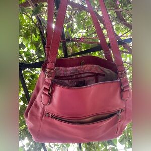 The Saks Red Leather Y2K beaded three way bag, EUC